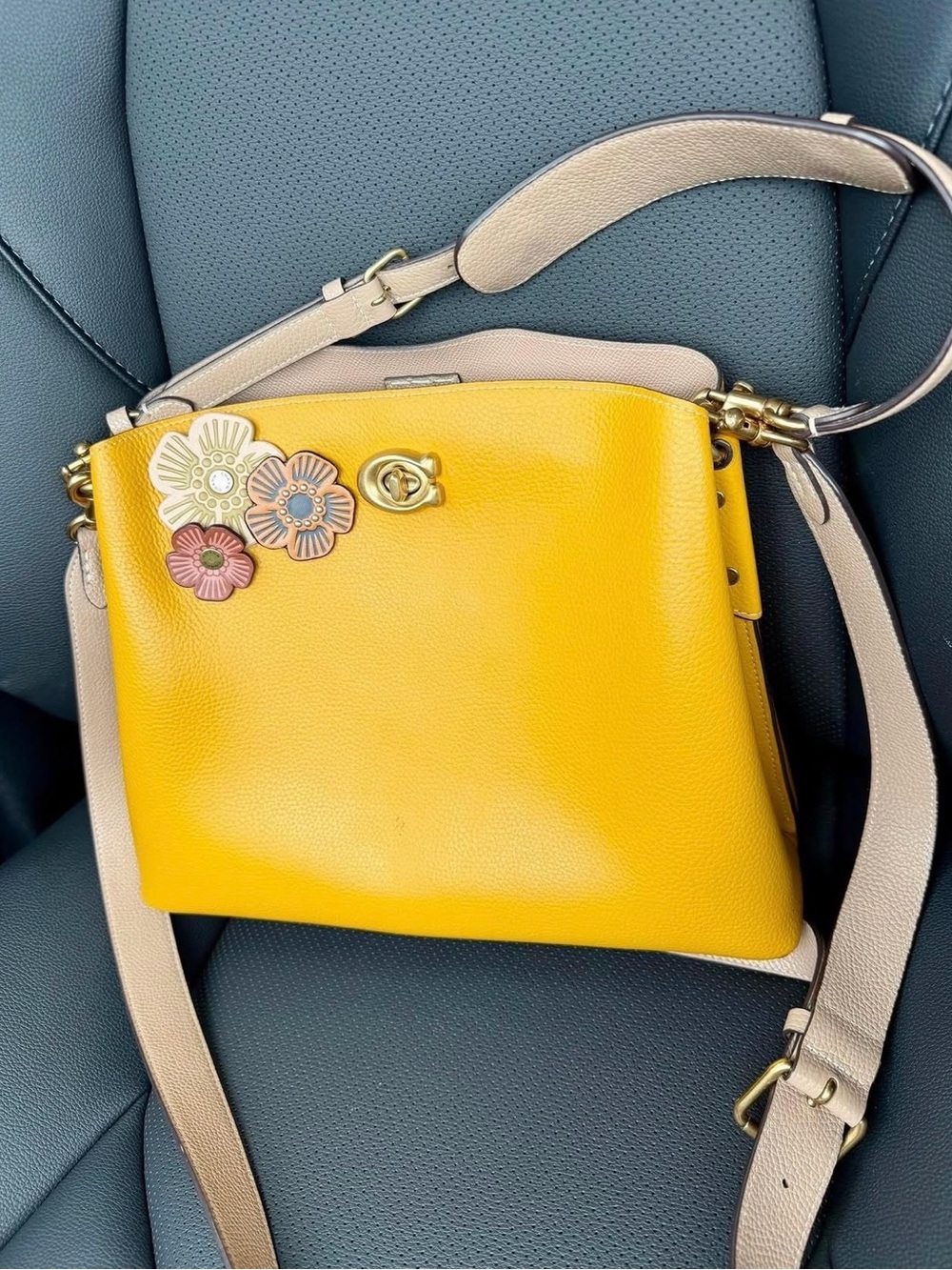 Coach Yellow Leather Crossbody with Beige Strap and Floral Accents